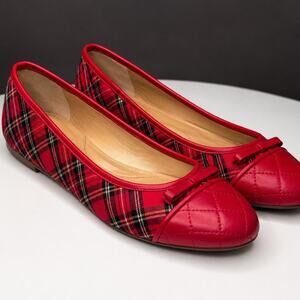 Talbots Red Plaid Ballet Flats Quilted Toe Cap Bow Flats Women’s‎ Size 9.5